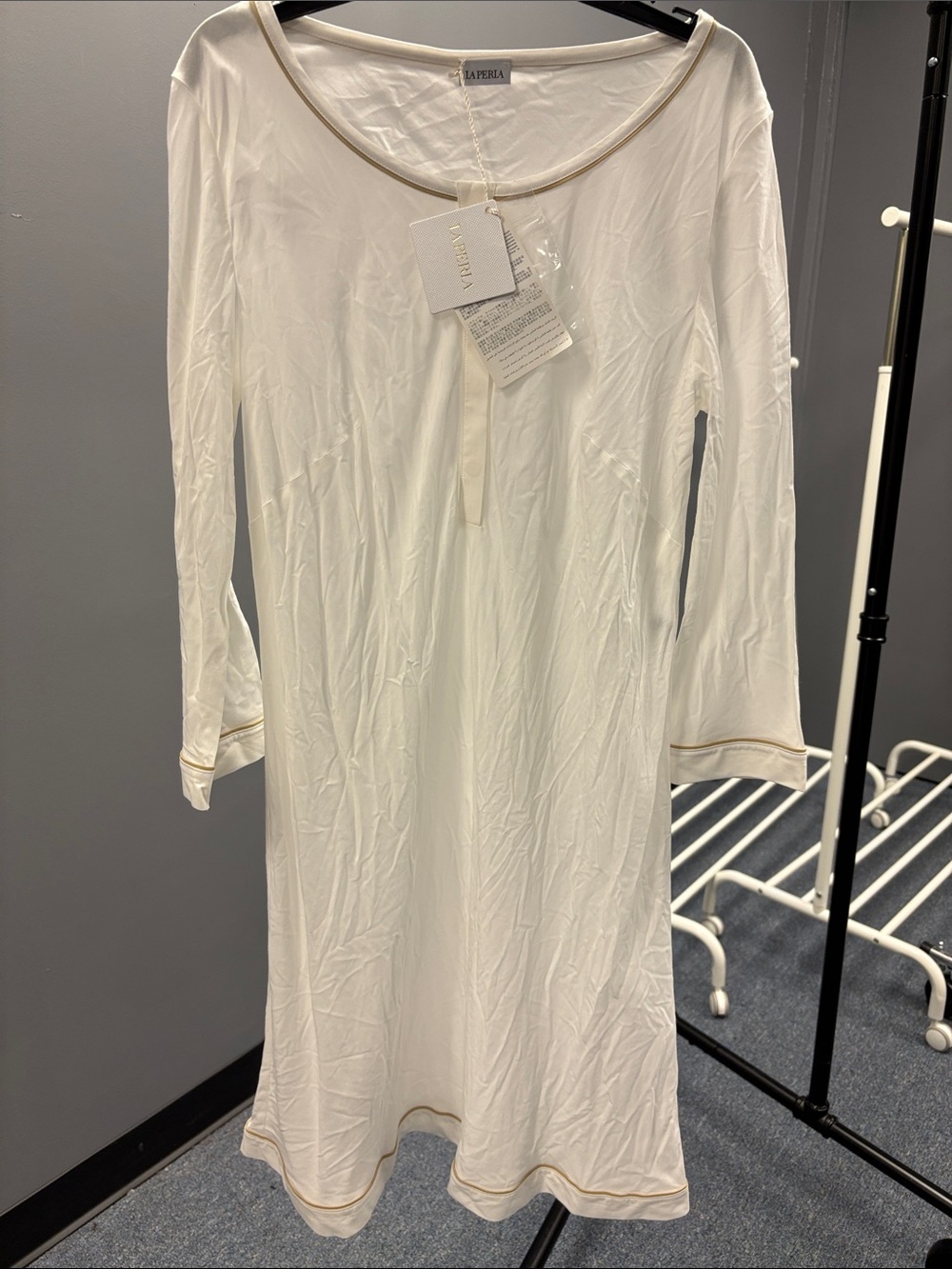 La Perla White Long-Sleeve Nightgown with Gold Trim